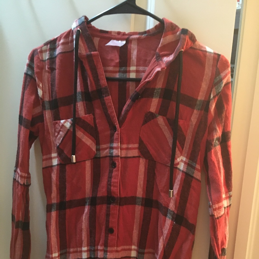Plaid flannel Shirt Orange XS long sleeve &hood